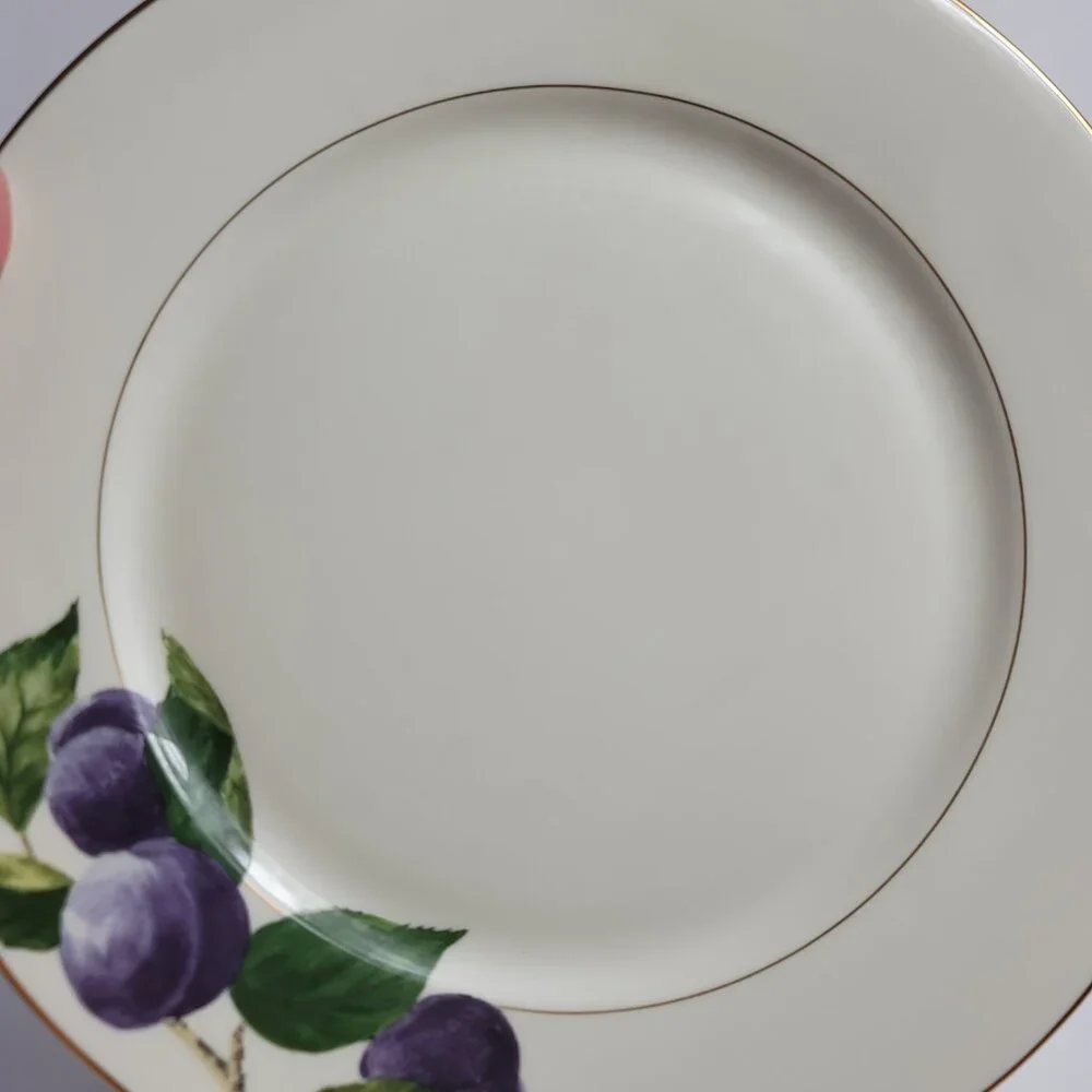 TWO Mikasa Plum L3132 Court Dinner Plates White with Purple Plums Green Leaves